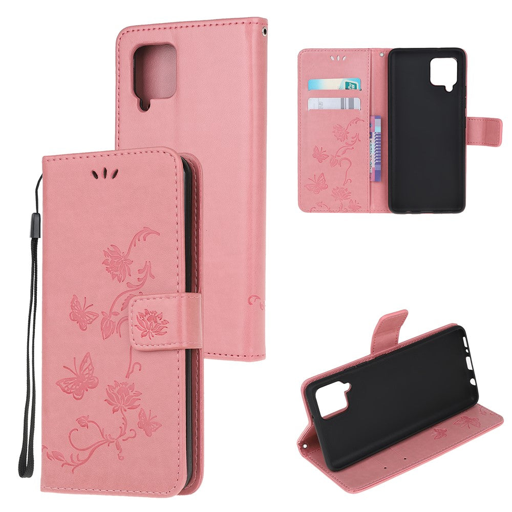 Läderfodral med fjärilsmotiv och blommor för Samsung Galaxy A12