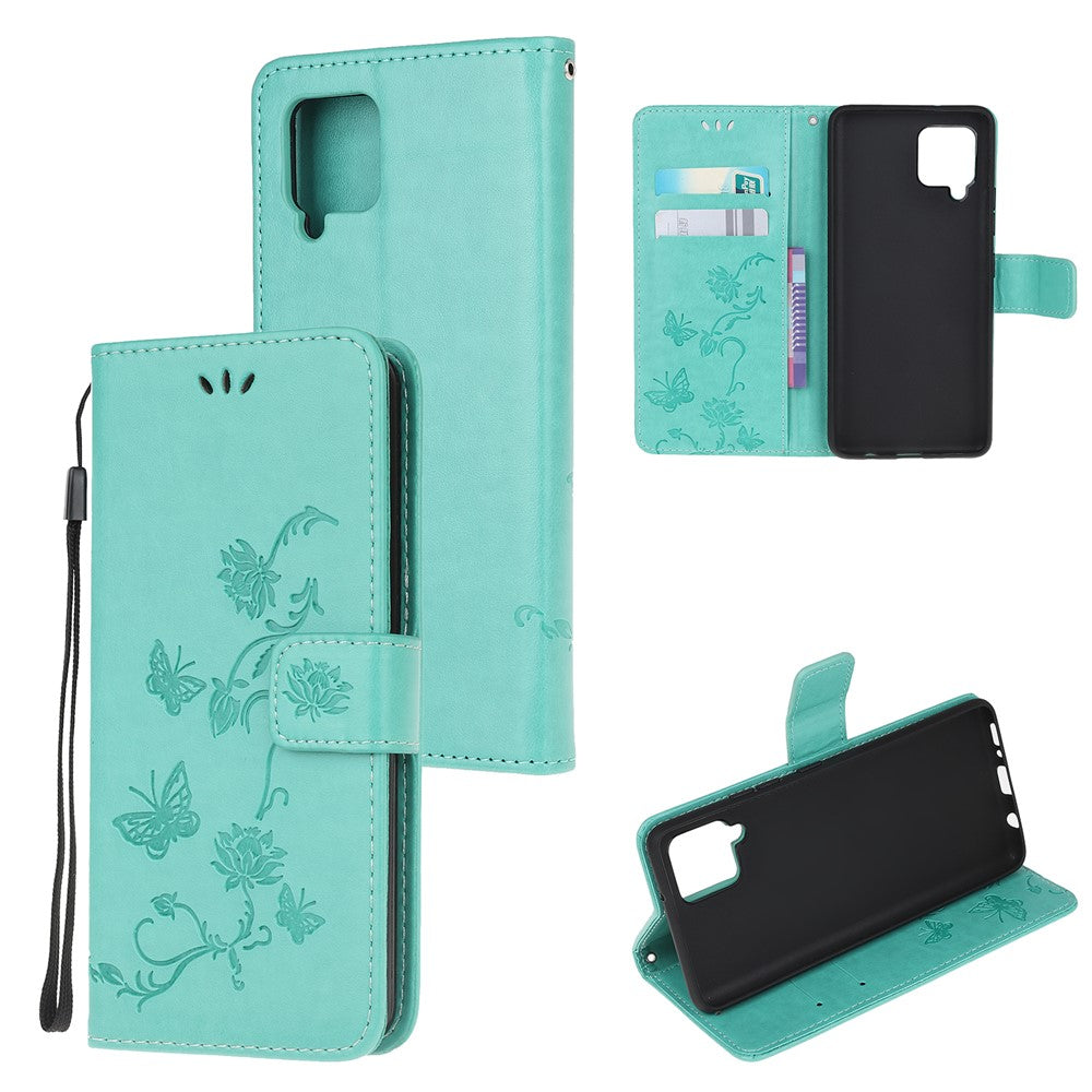 Läderfodral med fjärilsmotiv och blommor för Samsung Galaxy A12