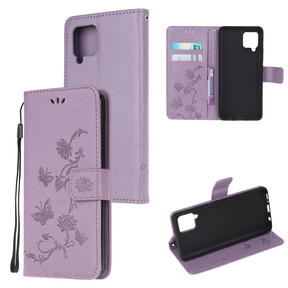 Läderfodral med fjärilsmotiv och blommor för Samsung Galaxy A12