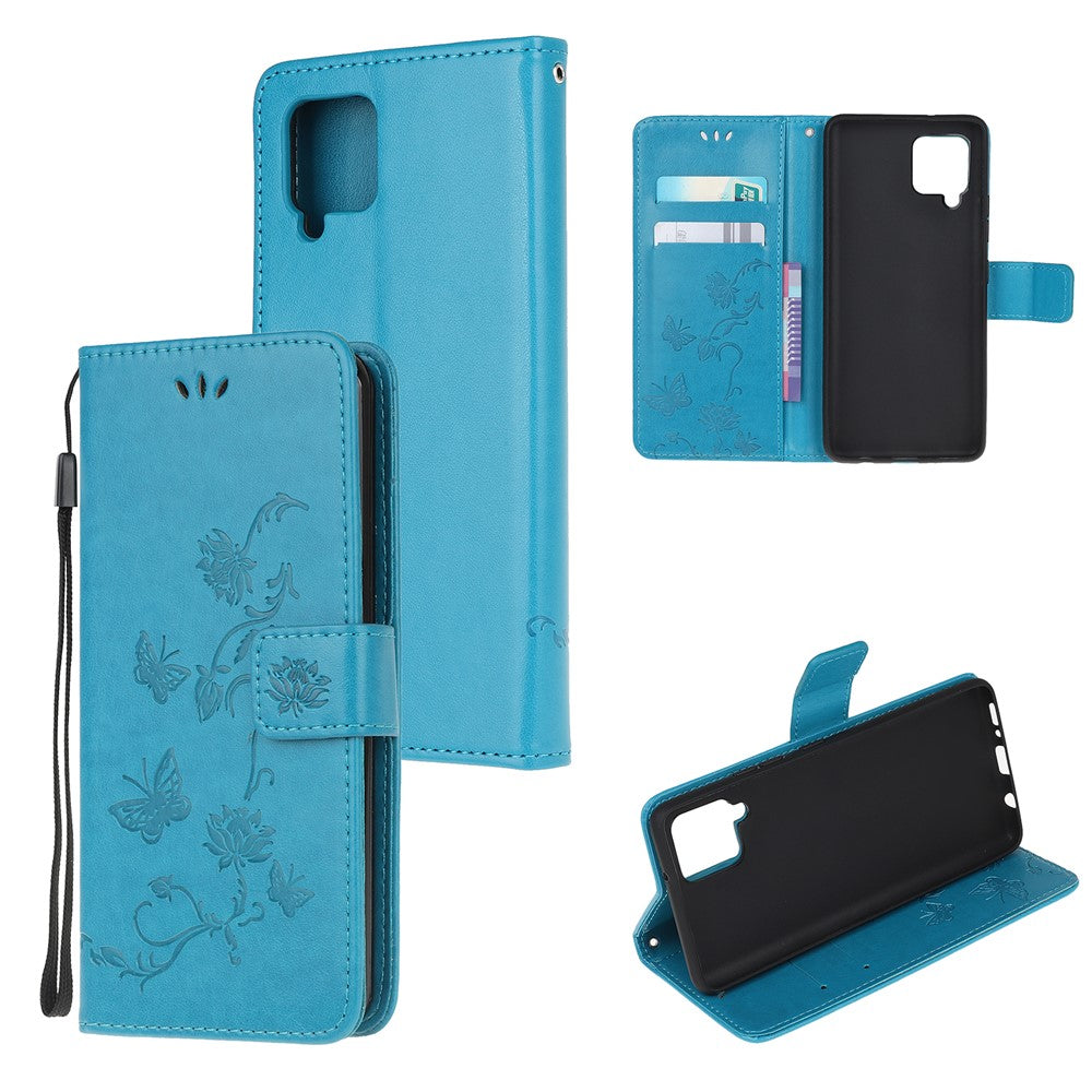 Läderfodral med fjärilsmotiv och blommor för Samsung Galaxy A12