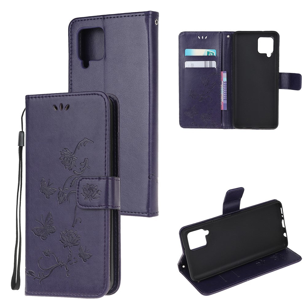 Läderfodral med fjärilsmotiv och blommor för Samsung Galaxy A12