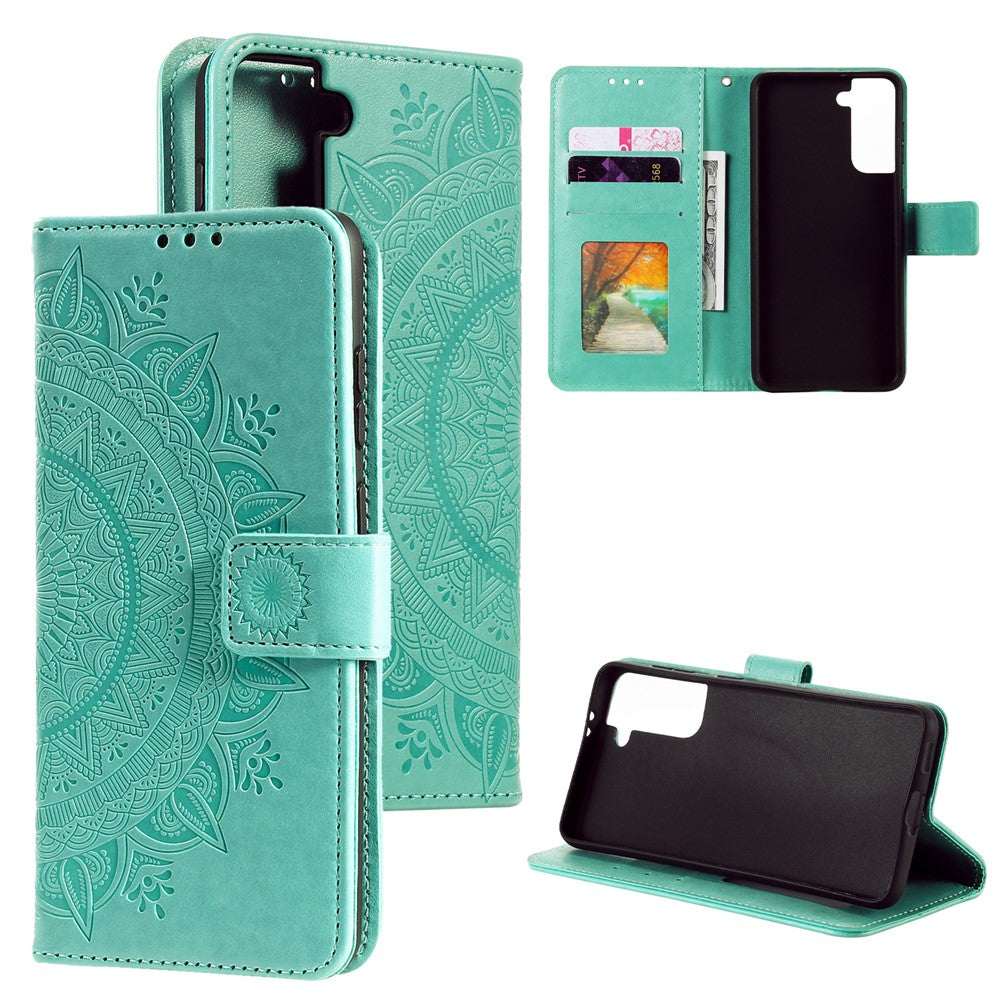 Imprinted Mandala Flower Protector Leather Case for Samsung Galaxy S21+ 5G Stand Flip Cover