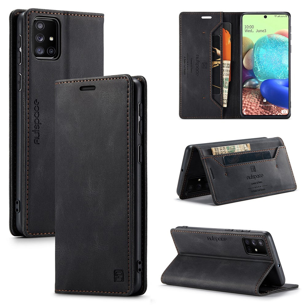 AUTSPACE A01 Serie RFID Blokerende Retro Mat Læder Stand Cover Pung til Samsung Galaxy A71 SM-A715