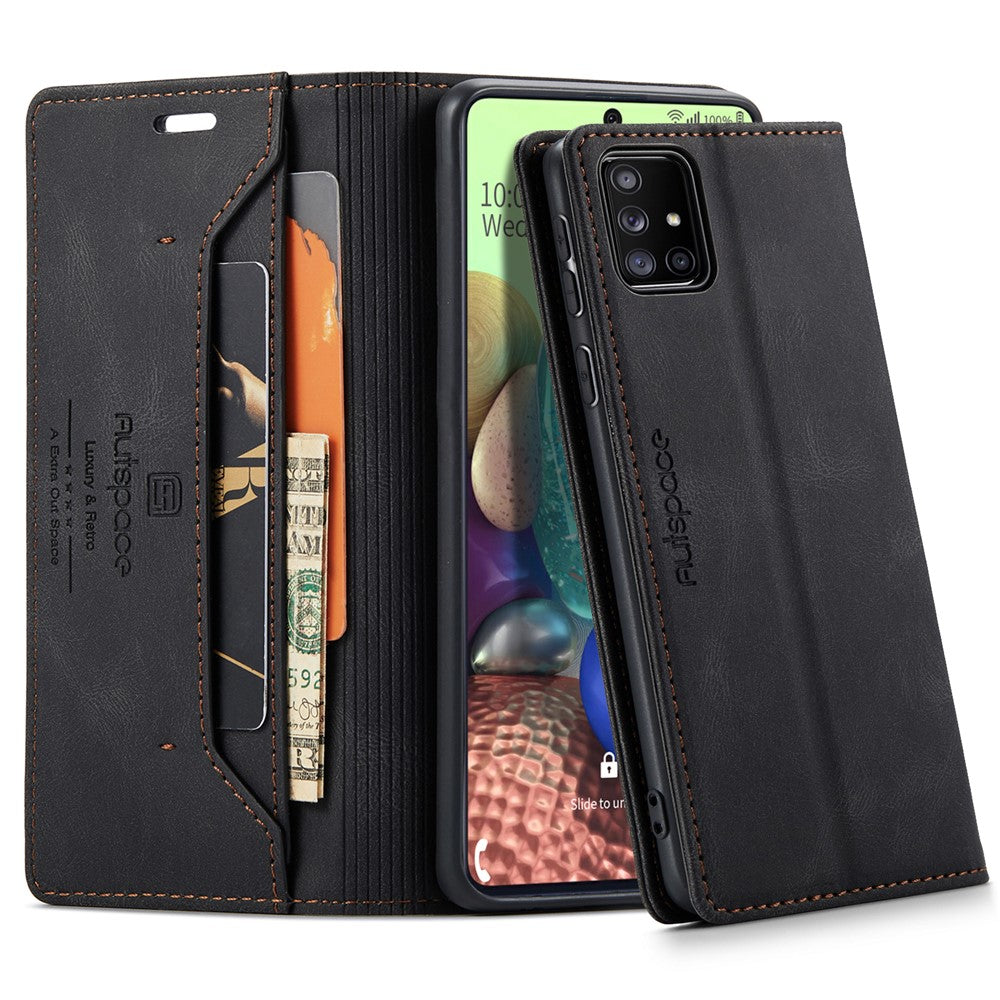 AUTSPACE A01 Serie RFID Blokerende Retro Mat Læder Stand Cover Pung til Samsung Galaxy A71 SM-A715