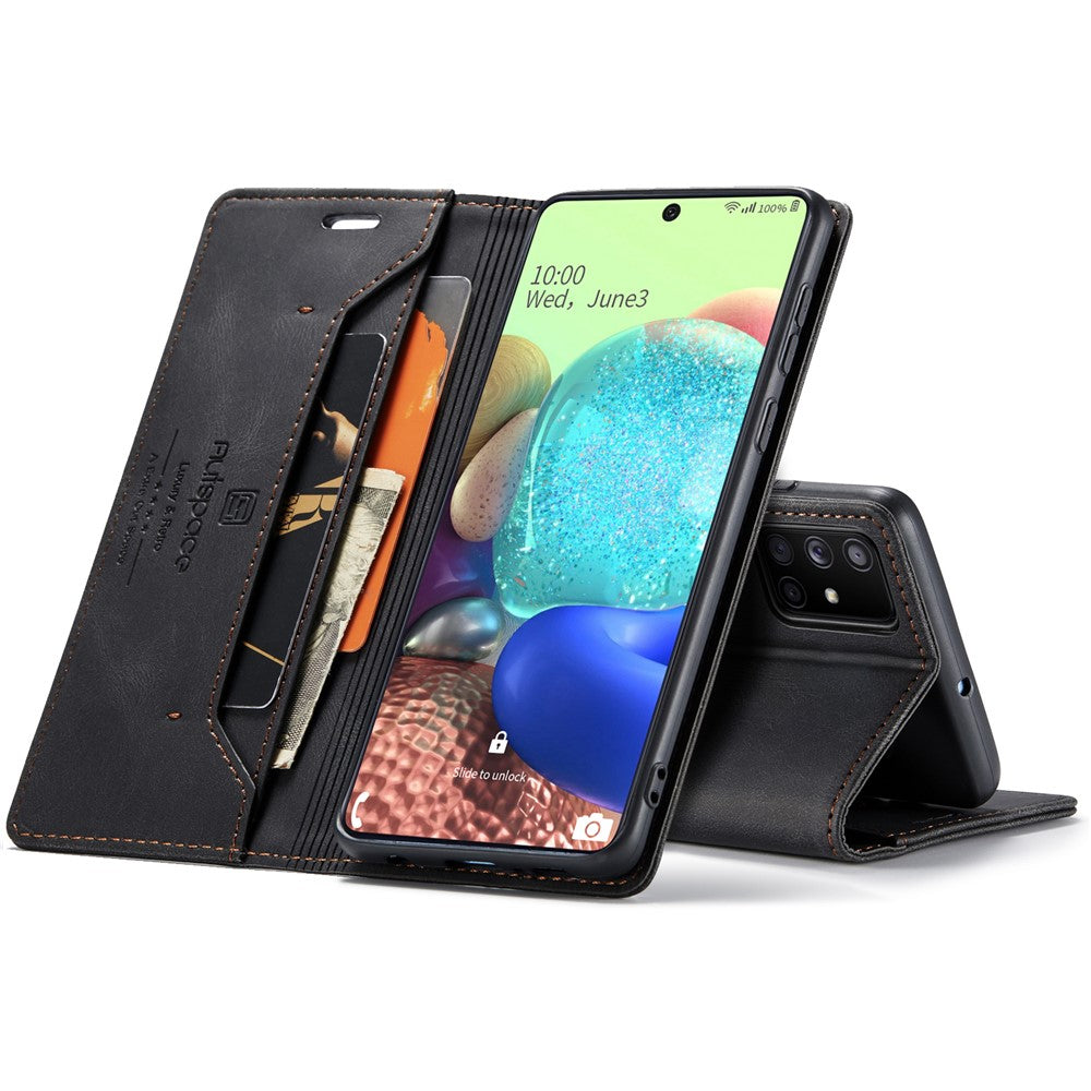 AUTSPACE A01 Serie RFID Blokerende Retro Mat Læder Stand Cover Pung til Samsung Galaxy A71 SM-A715