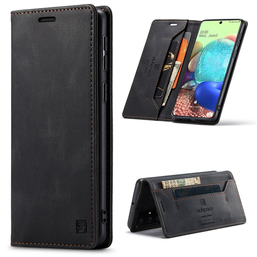 AUTSPACE A01 Serie RFID Blokerende Retro Mat Læder Stand Cover Pung til Samsung Galaxy A71 SM-A715