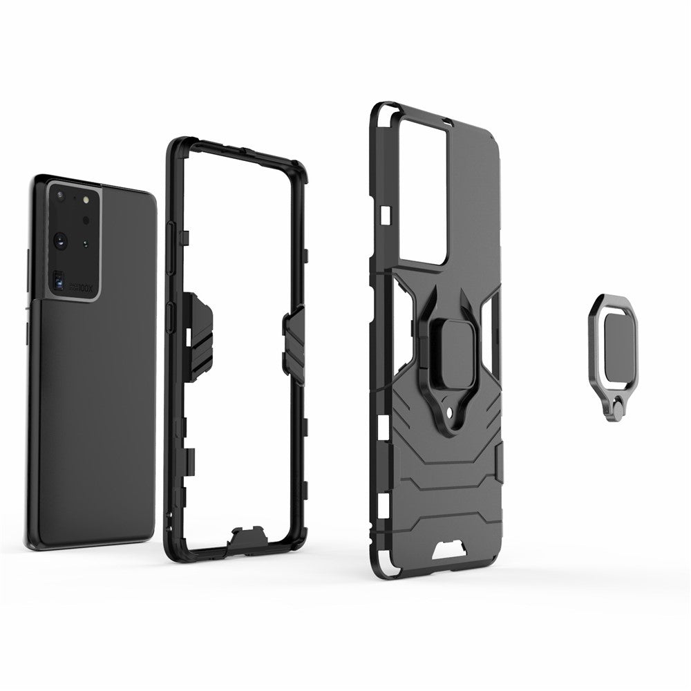 PC TPU Hybrid Case for Samsung Galaxy S21 Ultra 5G Cool Guard Ring Holder Kickstand Shell
