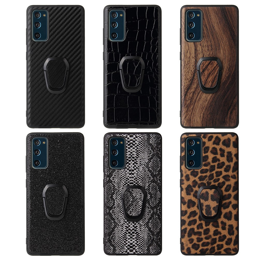 For Samsung Galaxy S20 FE 4G/5G/S20 Lite/S20 FE 2022 PU Leather Coated Phone Cover Shell + Ring-Shape Kickstand