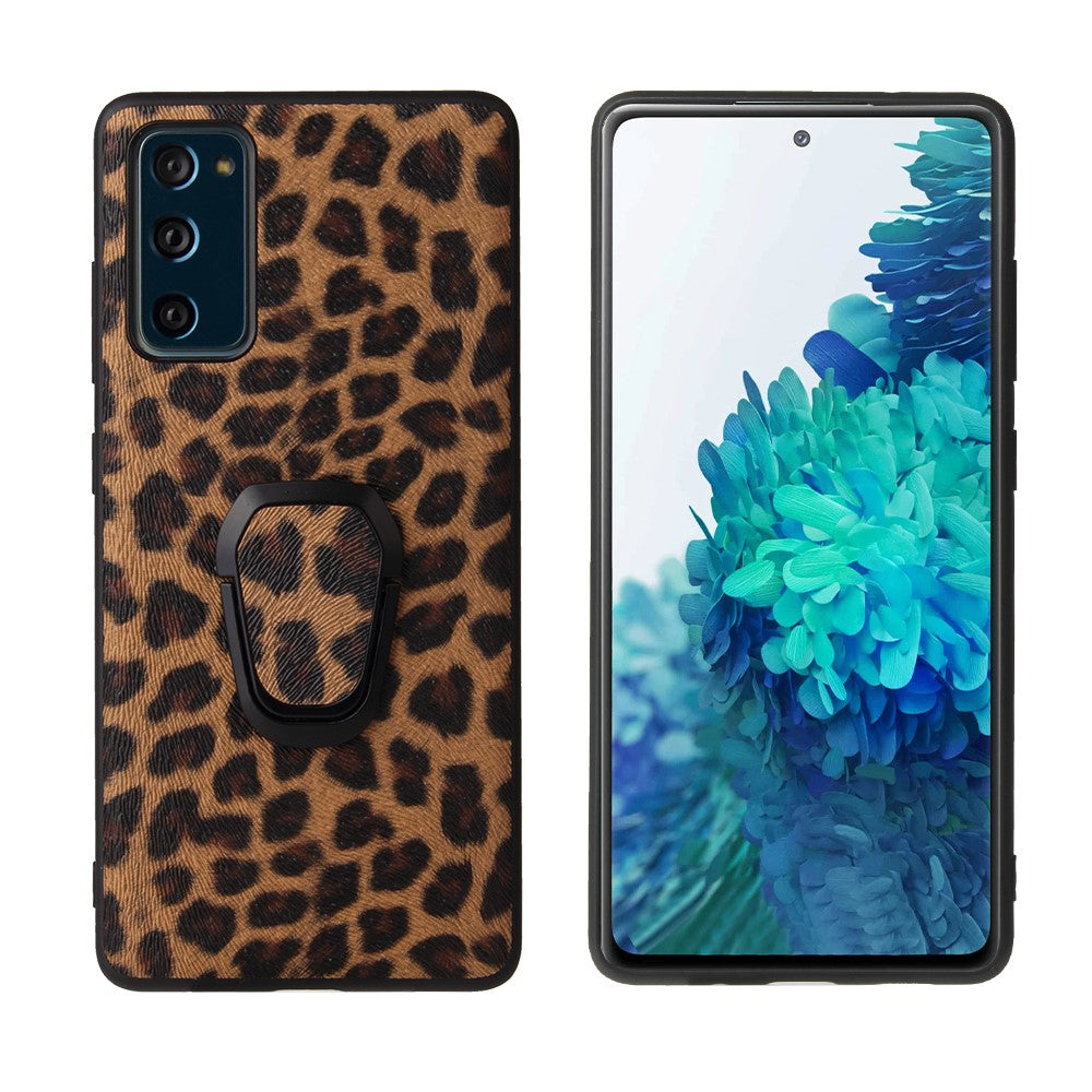 For Samsung Galaxy S20 FE 4G/5G/S20 Lite/S20 FE 2022 PU Leather Coated Phone Cover Shell + Ring-Shape Kickstand