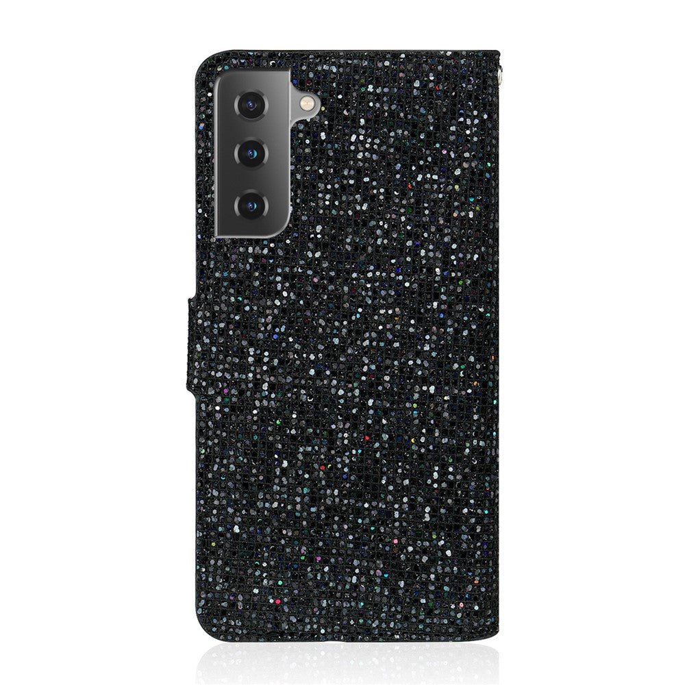 Glitrende pulver- og patchwork-pungcover i læder til Samsung Galaxy S21 4G/5G