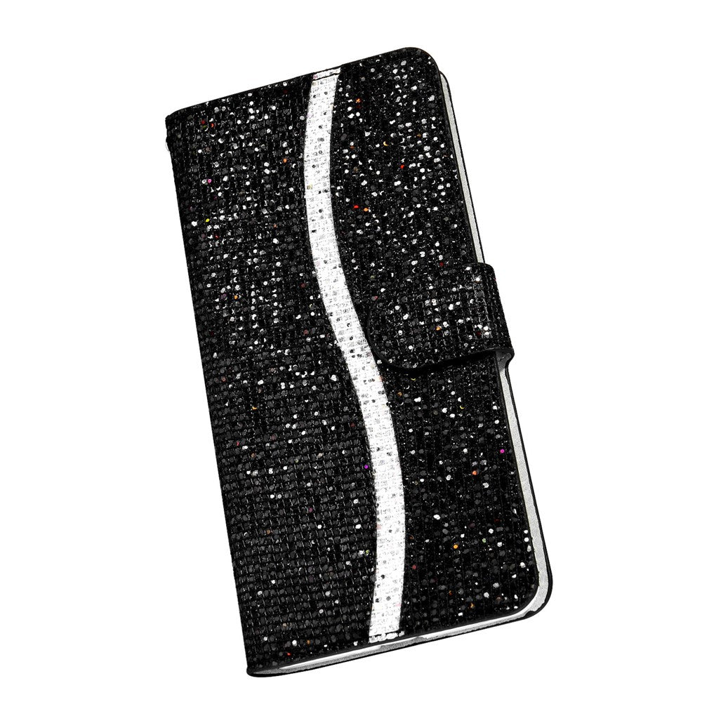 Glitrende pulver- og patchwork-pungcover i læder til Samsung Galaxy S21 4G/5G