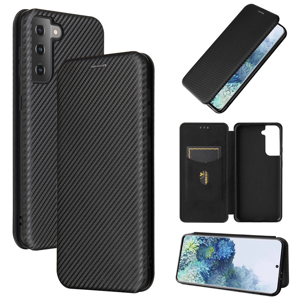 For Samsung Galaxy S21+ Leather Shell Carbon Fiber Auto-absorbed Card Holder Case