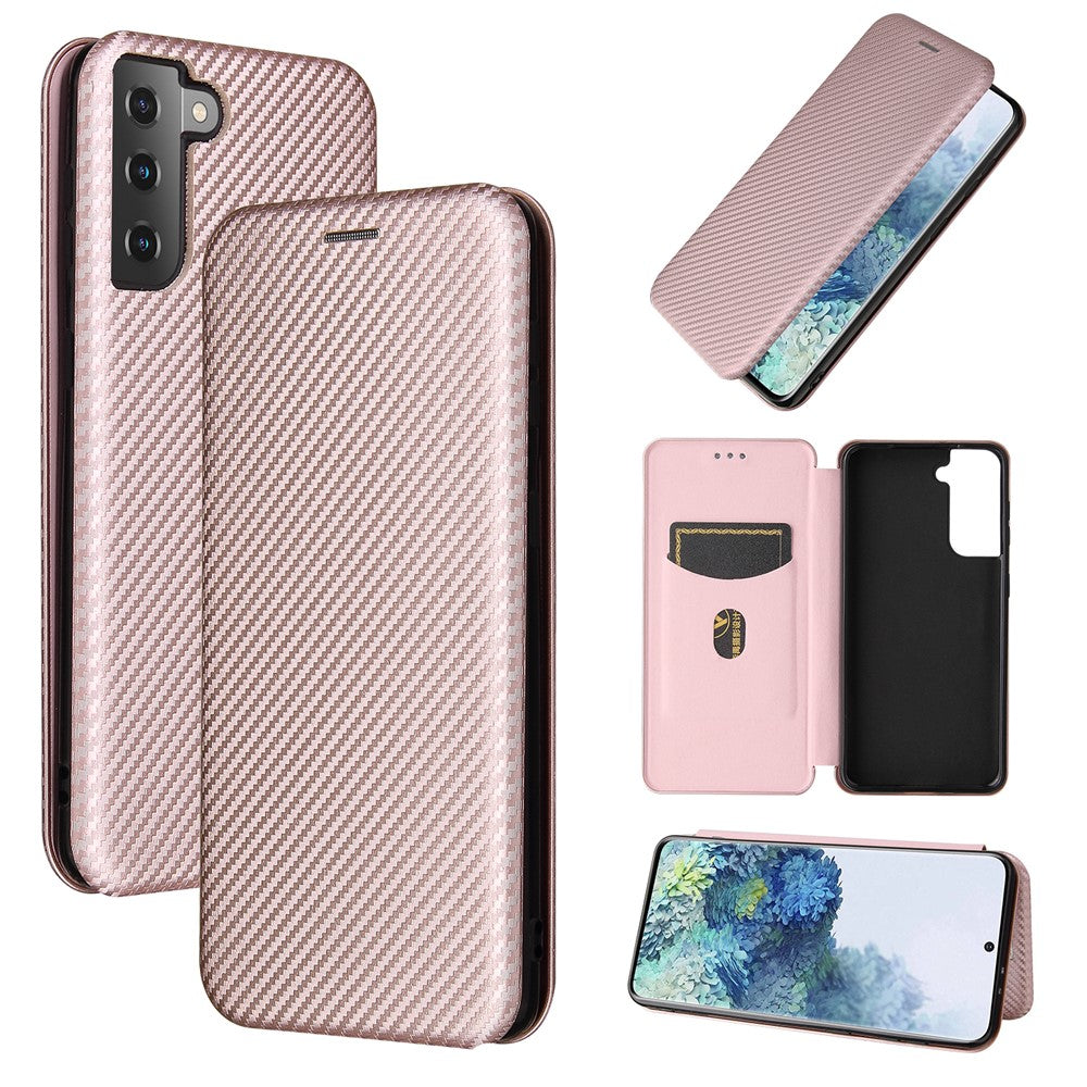 For Samsung Galaxy S21+ Leather Shell Carbon Fiber Auto-absorbed Card Holder Case