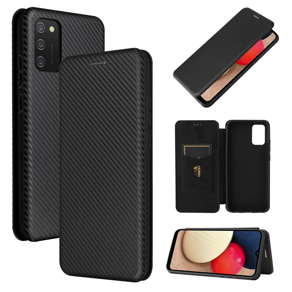 Carbon Fiber Texture Leather Case Auto-absorbed Stand Cover for Samsung Galaxy A02s (166.5mm)