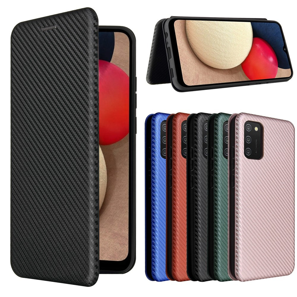 Carbon Fiber Texture Leather Case Auto-absorbed Stand Cover for Samsung Galaxy A02s (166.5mm)