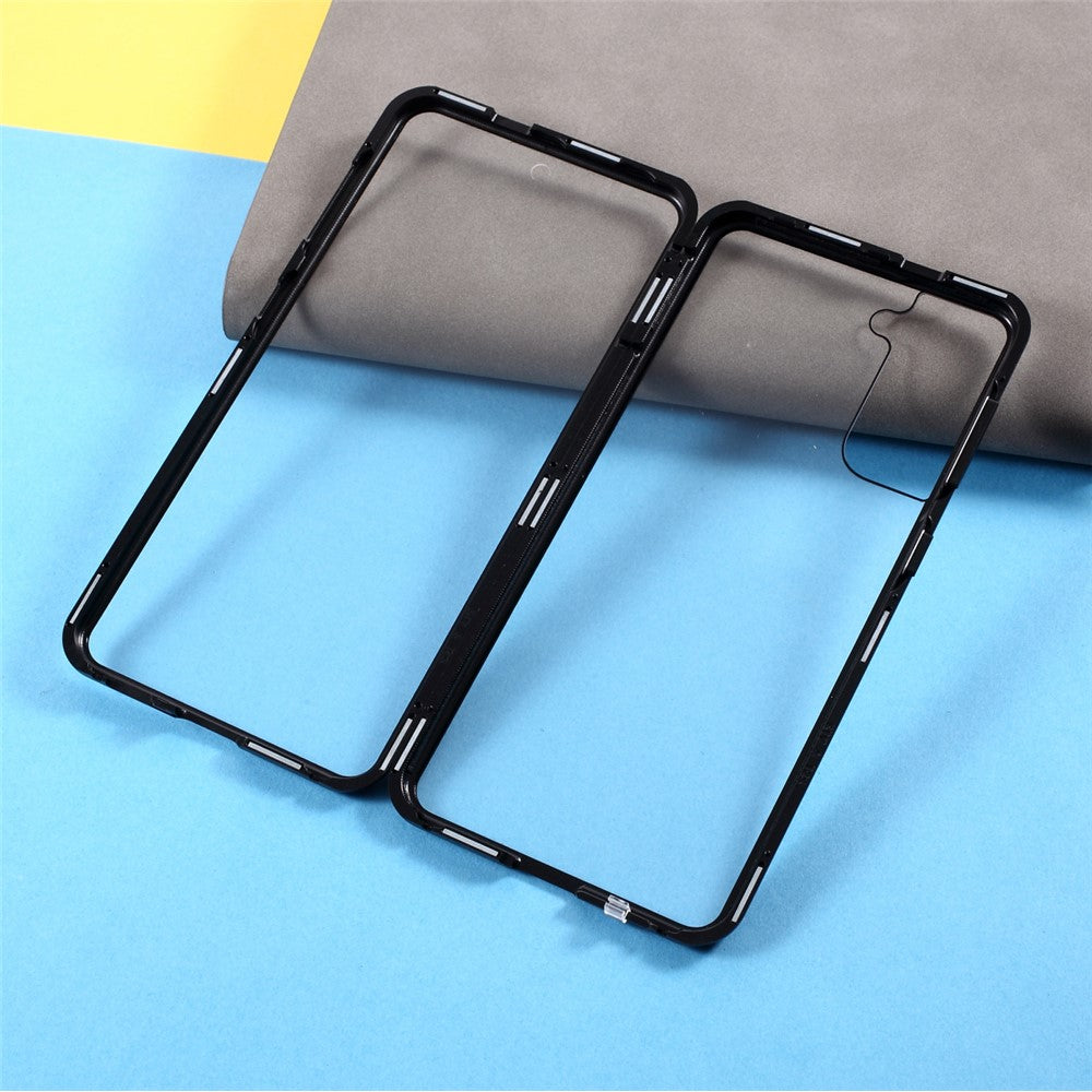 Metallram med dubbelsidigt härdat glasfodral (ingen fingeravtrycksfunktion men med ansiktsigenkänningsfunktion) med magnetlås för Samsung Galaxy S21+ 5G