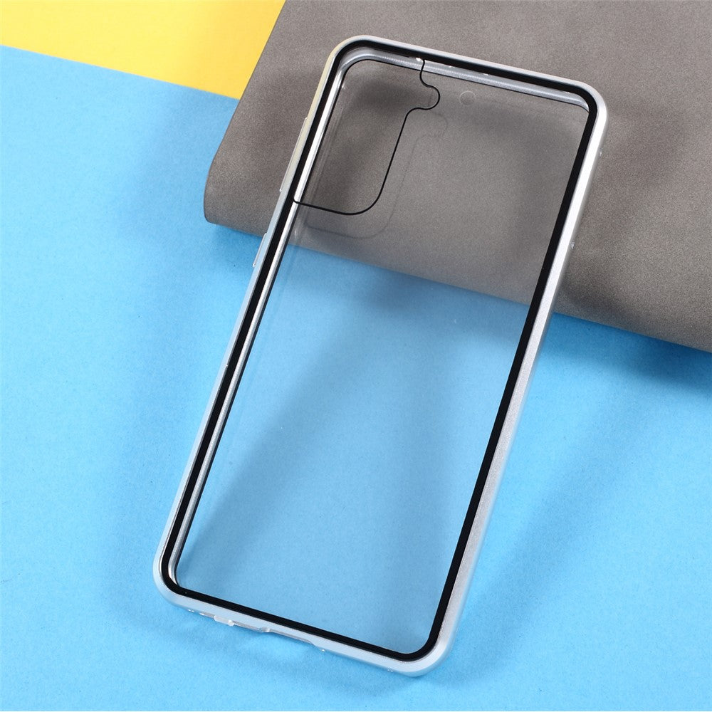 Metal Frame with Double Side Tempered Glass Case (No Fingerprint Function but with Face Recognition Function) by Magnetic + Lock Installation for Samsung Galaxy S21+ 5G