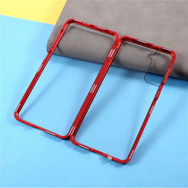 Metallram med dubbelsidigt härdat glasfodral (ingen fingeravtrycksfunktion men med ansiktsigenkänningsfunktion) med magnetlås för Samsung Galaxy S21+ 5G