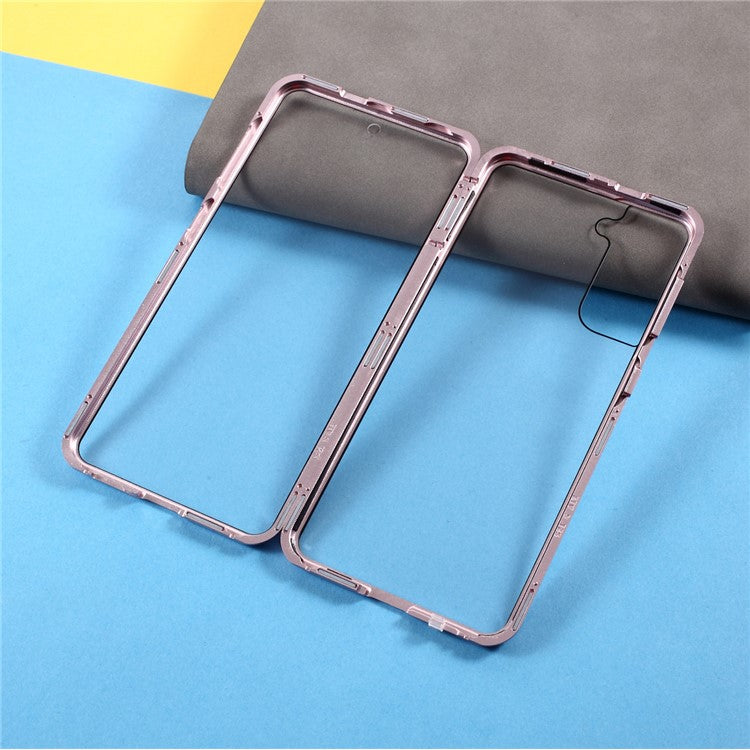 Metallram med dubbelsidigt härdat glasfodral (ingen fingeravtrycksfunktion men med ansiktsigenkänningsfunktion) med magnetlås för Samsung Galaxy S21+ 5G