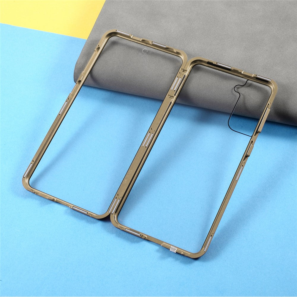 Metallram med dubbelsidigt härdat glasfodral (ingen fingeravtrycksfunktion men med ansiktsigenkänningsfunktion) med magnetlås för Samsung Galaxy S21+ 5G