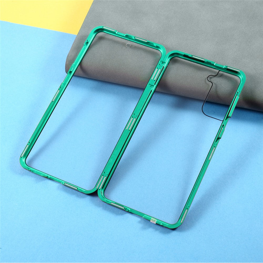 Metallram med dubbelsidigt härdat glasfodral (ingen fingeravtrycksfunktion men med ansiktsigenkänningsfunktion) med magnetlås för Samsung Galaxy S21+ 5G