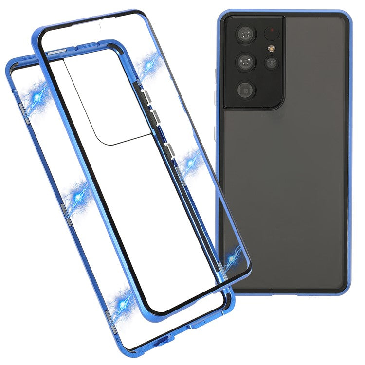 Magnetic Metal Frame Lock Installation with Double Side Tempered Glass Case (no Fingerprint Function but with Face Recognition Function) for Samsung Galaxy S21 Ultra 5G