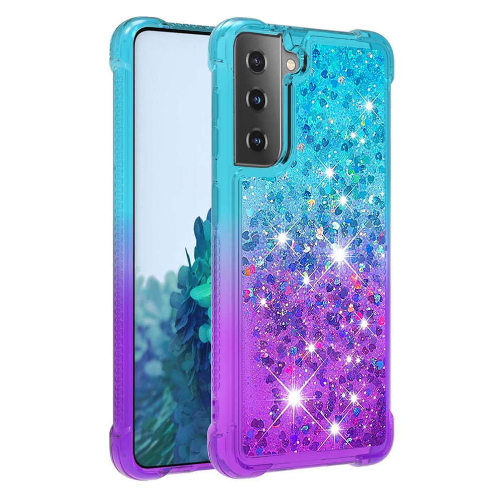 Fyra hörn kudde gradient glitter pulver kvicksand TPU skal mobilmobilskal för Samsung Galaxy S21 4G/5G