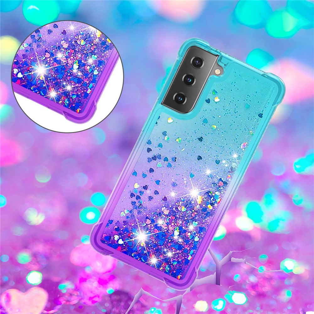 Fyra hörn kudde gradient glitter pulver kvicksand TPU skal mobilmobilskal för Samsung Galaxy S21 4G/5G