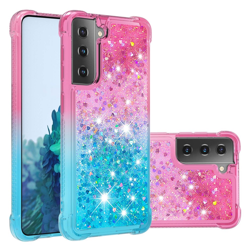 Fyra hörn kudde gradient glitter pulver kvicksand TPU skal mobilmobilskal för Samsung Galaxy S21 4G/5G