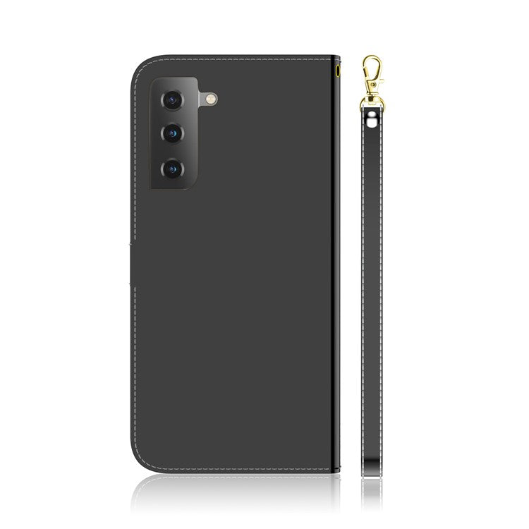 Mirror-like Surface Leather Wallet Stand Design Case with Wrist Strap for Samsung Galaxy S21 Plus 5G