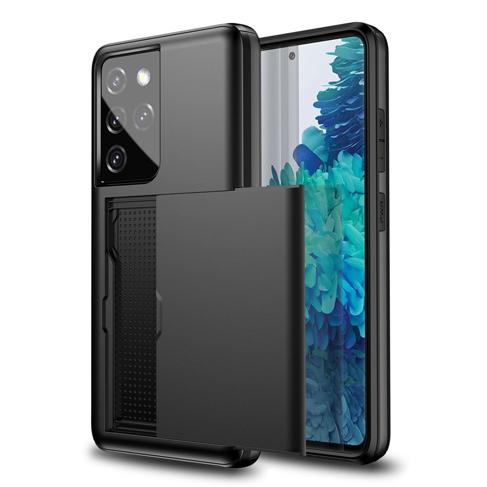 Reptåligt korthållare PC + TPU hybridskal till smartphones med baksida för Samsung Galaxy S21 Ultra 5G