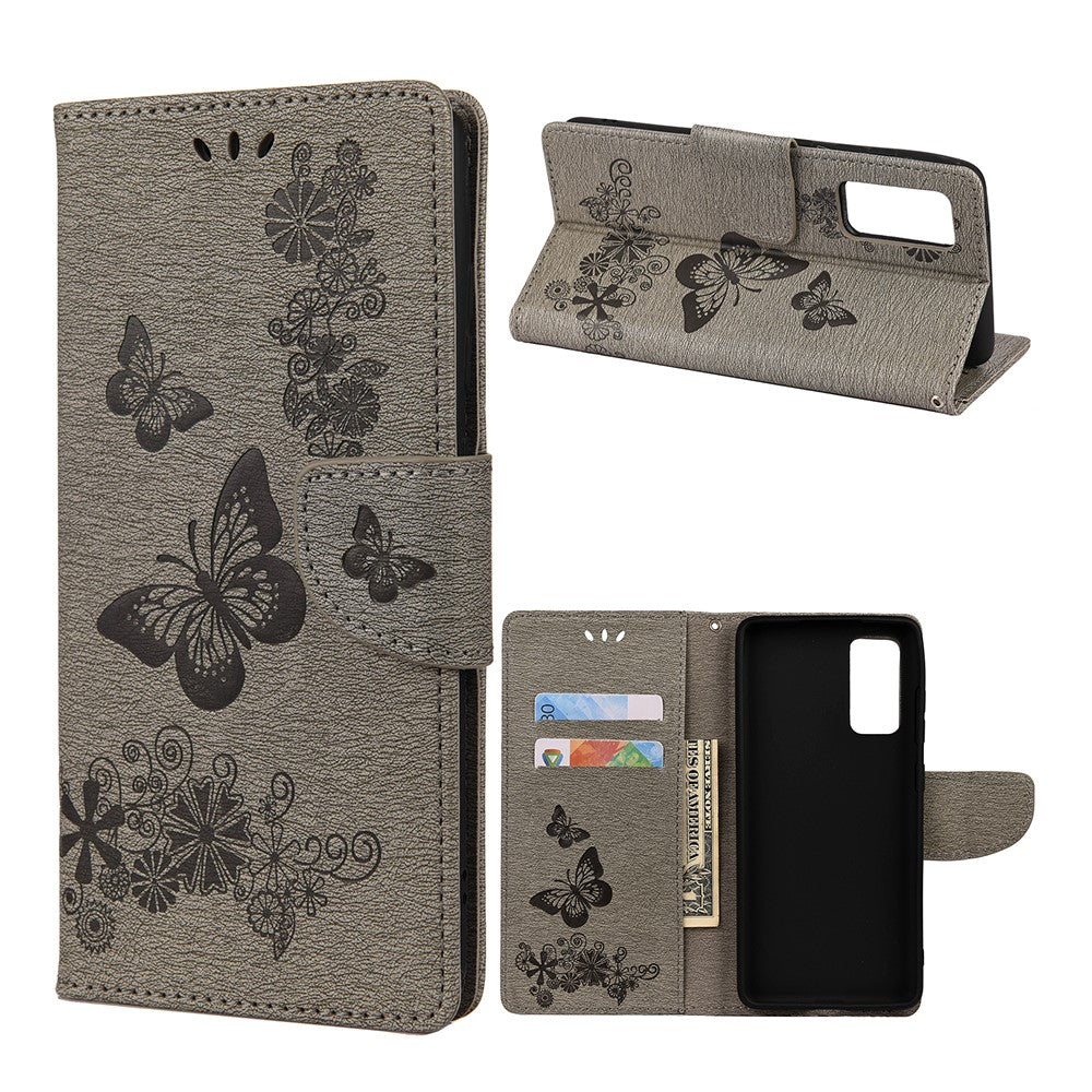 Læderpung med præget sommerfugle og blomster etui med standfunktion til Samsung Galaxy A72 5G / A72 4G