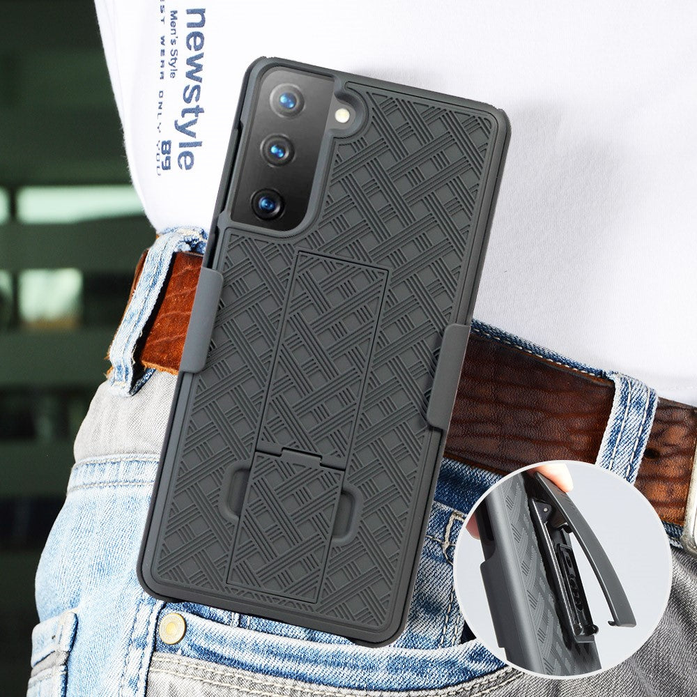 Drejelig Bælteclips Indbygget Støtteben Vævet Tekstur PC Hardcase til Samsung Galaxy S21 4G/5G