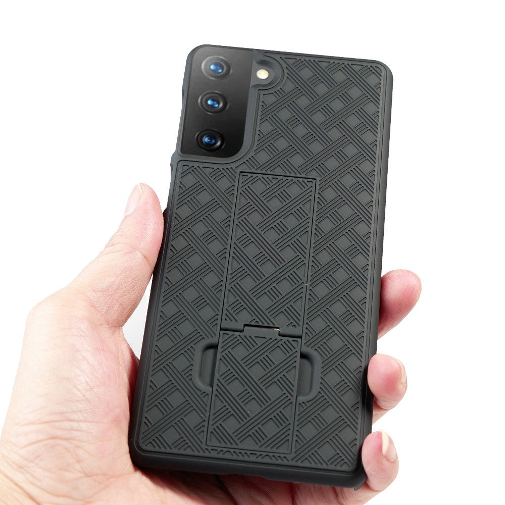 Drejelig Bælteclips Indbygget Støtteben Vævet Tekstur PC Hardcase til Samsung Galaxy S21 4G/5G