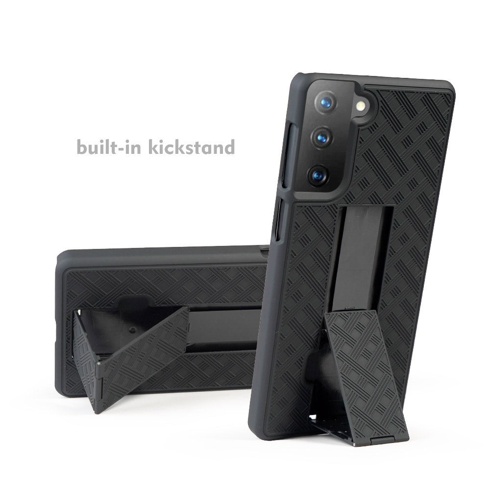 Woven Texture Swivel Belt Clip Built-in Kickstand PC Hard Case for Samsung Galaxy S21+ 5G
