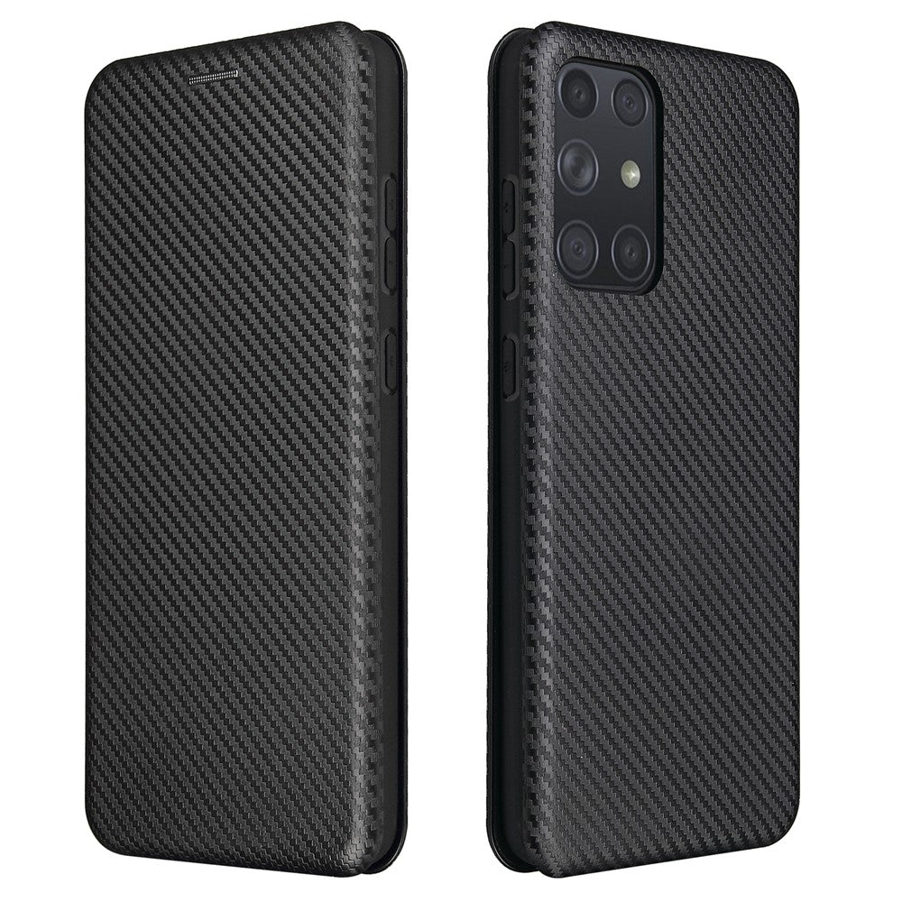Samsung Galaxy A72 5G-mobilskal i læder, kulfiber-flipetui med kortholder, automatisk stødabsorberende etui