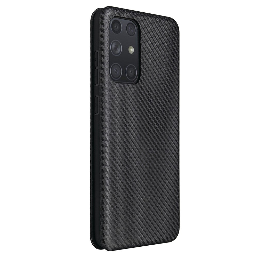 Samsung Galaxy A72 5G-mobilskal i læder, kulfiber-flipetui med kortholder, automatisk stødabsorberende etui
