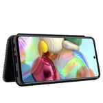 Samsung Galaxy A72 5G-mobilskal i læder, kulfiber-flipetui med kortholder, automatisk stødabsorberende etui