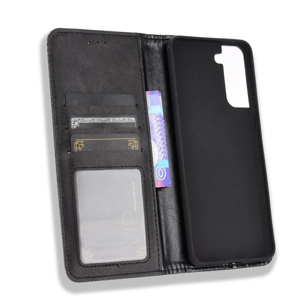 Retro Style Auto-absorbed Wallet Stand TPU + PU Leather Phone Case for Samsung Galaxy S21 4G/5G