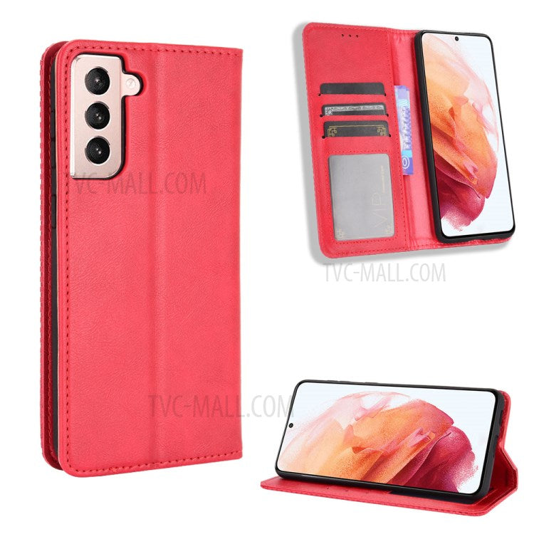 Självabsorberande plånboksfodral i läder i retrostil för Samsung Galaxy S21+ 5G