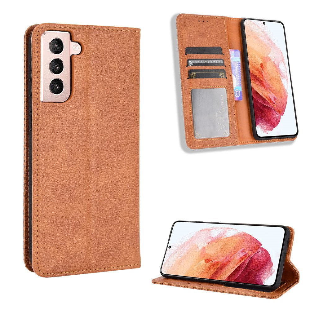 Självabsorberande plånboksfodral i läder i retrostil för Samsung Galaxy S21+ 5G