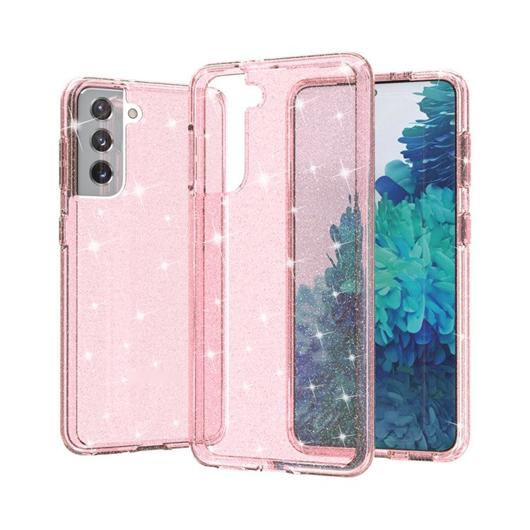 Genomskinligt glitterskal till Samsung Galaxy S21 4G/5G, hårt PC mjukt TPU reptåligt glitter hybridmobilskal
