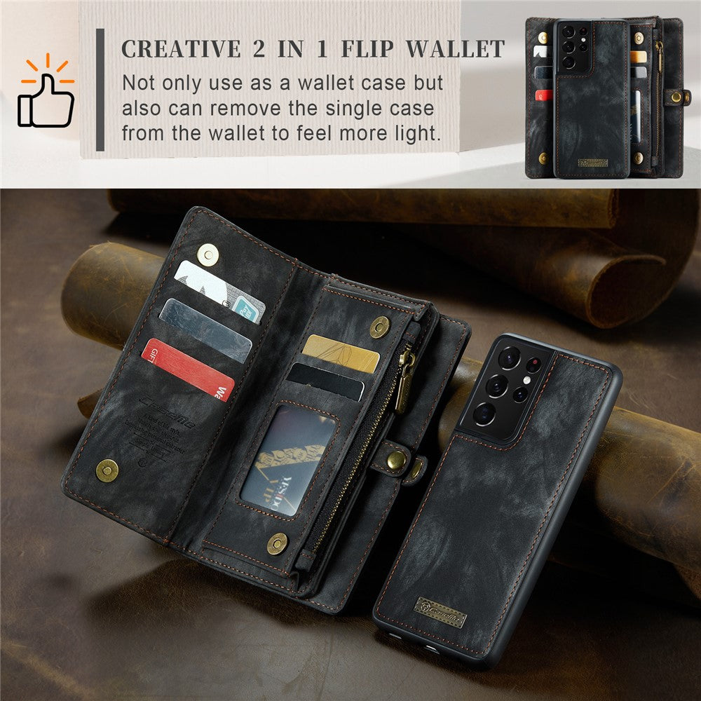 CASEME 008-serien för Samsung Galaxy S21 Ultra 5G PU-läder, dragkedja, multifunktionellt mobilskal, magnetiskt, avtagbart 2-i-1-plånboksfodral, stativ