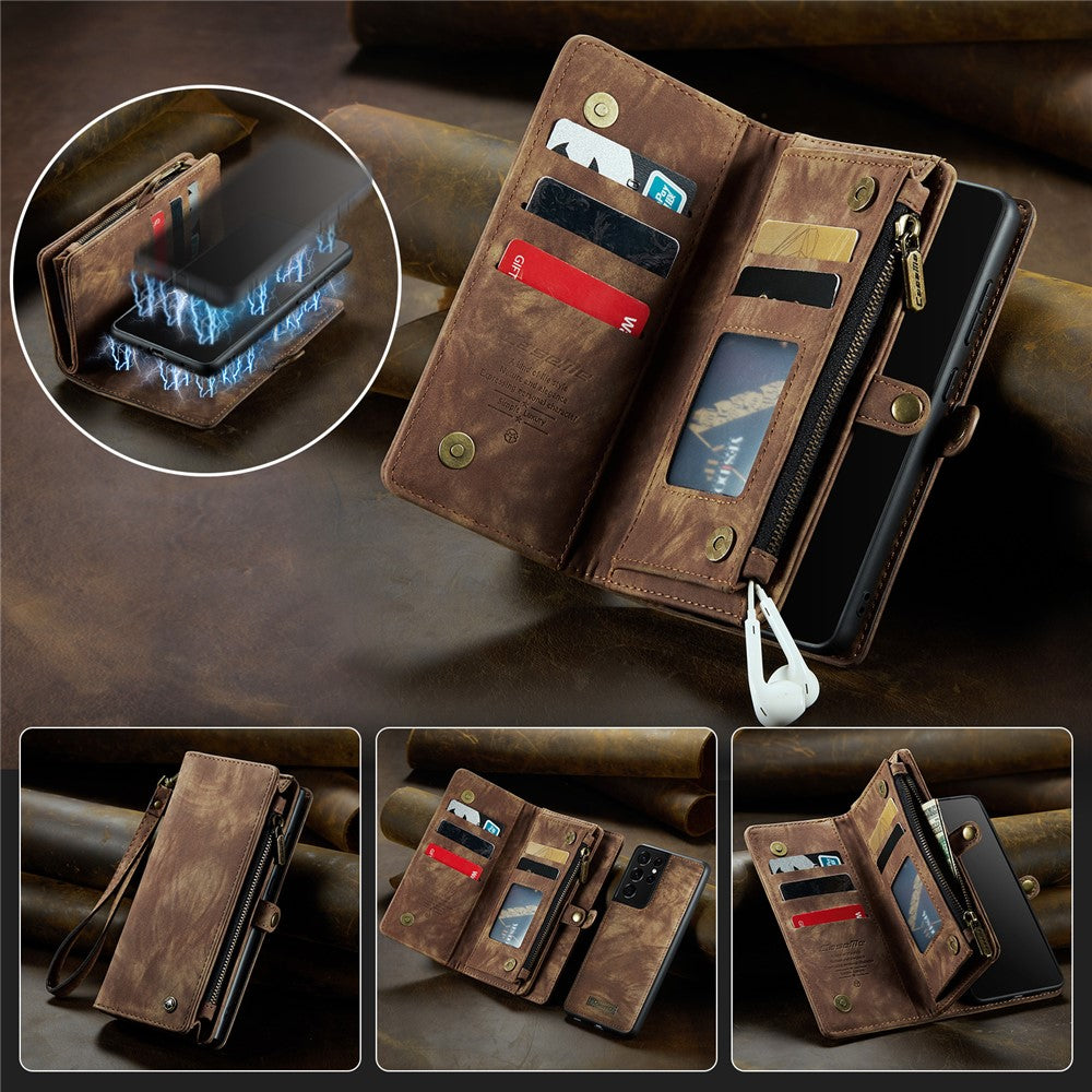 CASEME 008-serien för Samsung Galaxy S21 Ultra 5G PU-läder, dragkedja, multifunktionellt mobilskal, magnetiskt, avtagbart 2-i-1-plånboksfodral, stativ