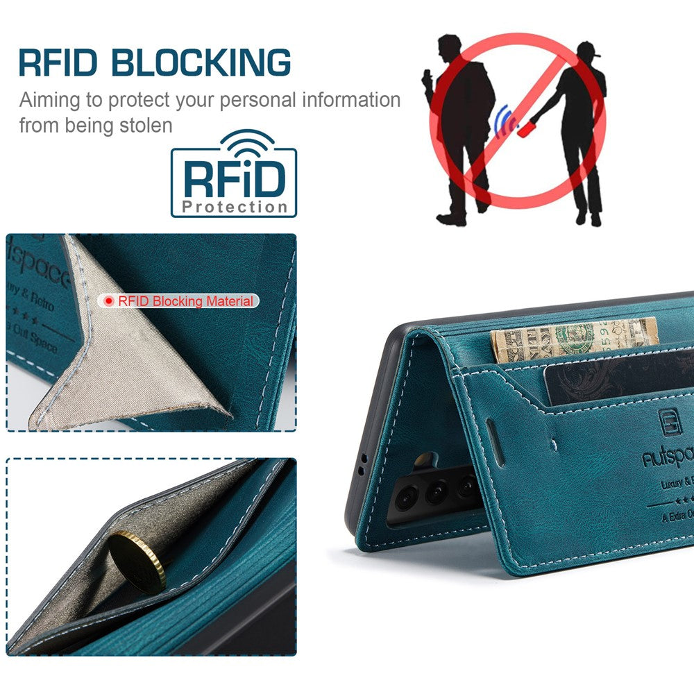 AUTSPACE A01 Series RFID-blokerende retro mat læderetui pung til Samsung Galaxy S21 4G/5G