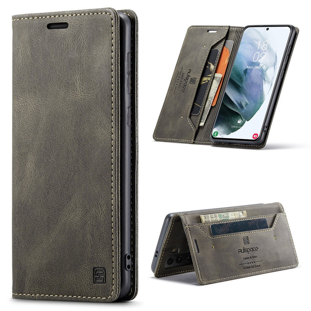 AUTSPACE A01 Series Retro Style Matte Stand Wallet Leather Case for Samsung Galaxy S21+ 5G