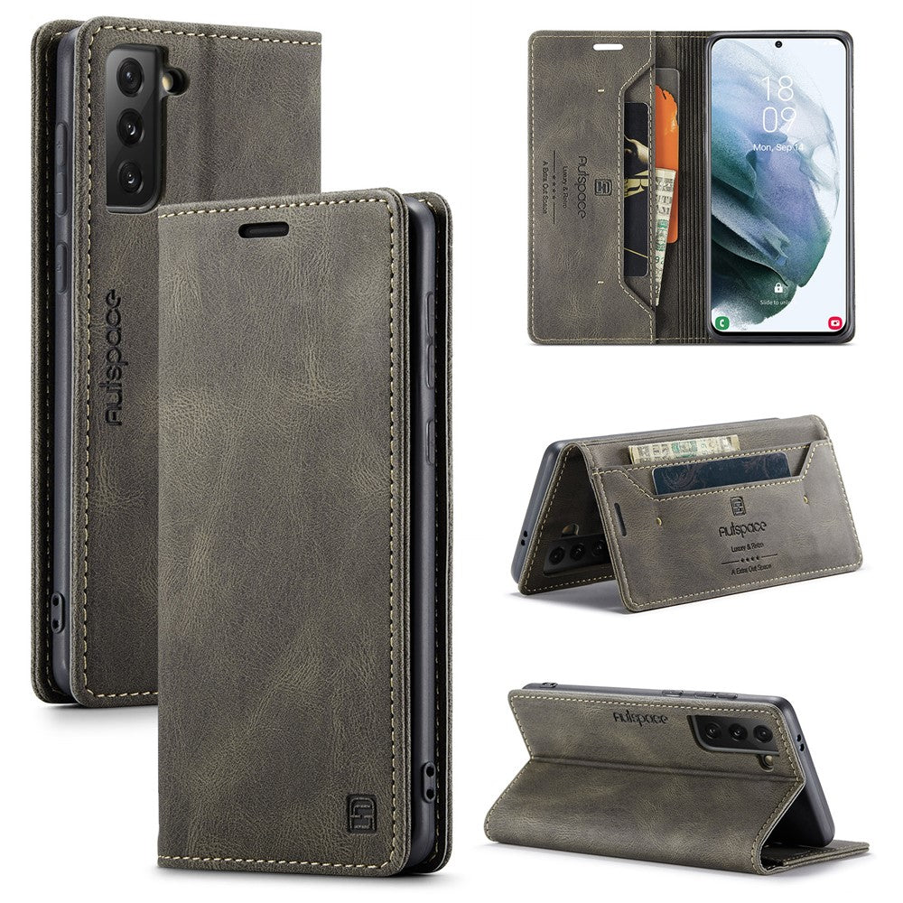 AUTSPACE A01 Series Retro Style Matte Stand Wallet Leather Case for Samsung Galaxy S21+ 5G