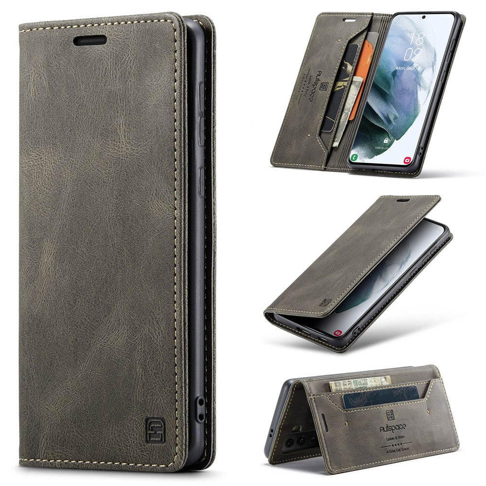 AUTSPACE A01 Series Retro Style Matte Stand Wallet Leather Case for Samsung Galaxy S21+ 5G