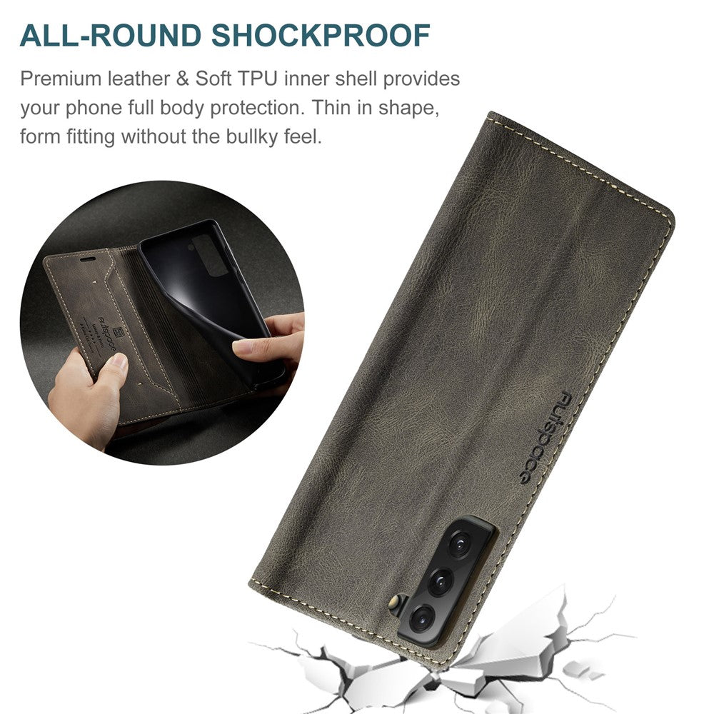 AUTSPACE A01 Series Retro Style Matte Stand Wallet Leather Case for Samsung Galaxy S21+ 5G