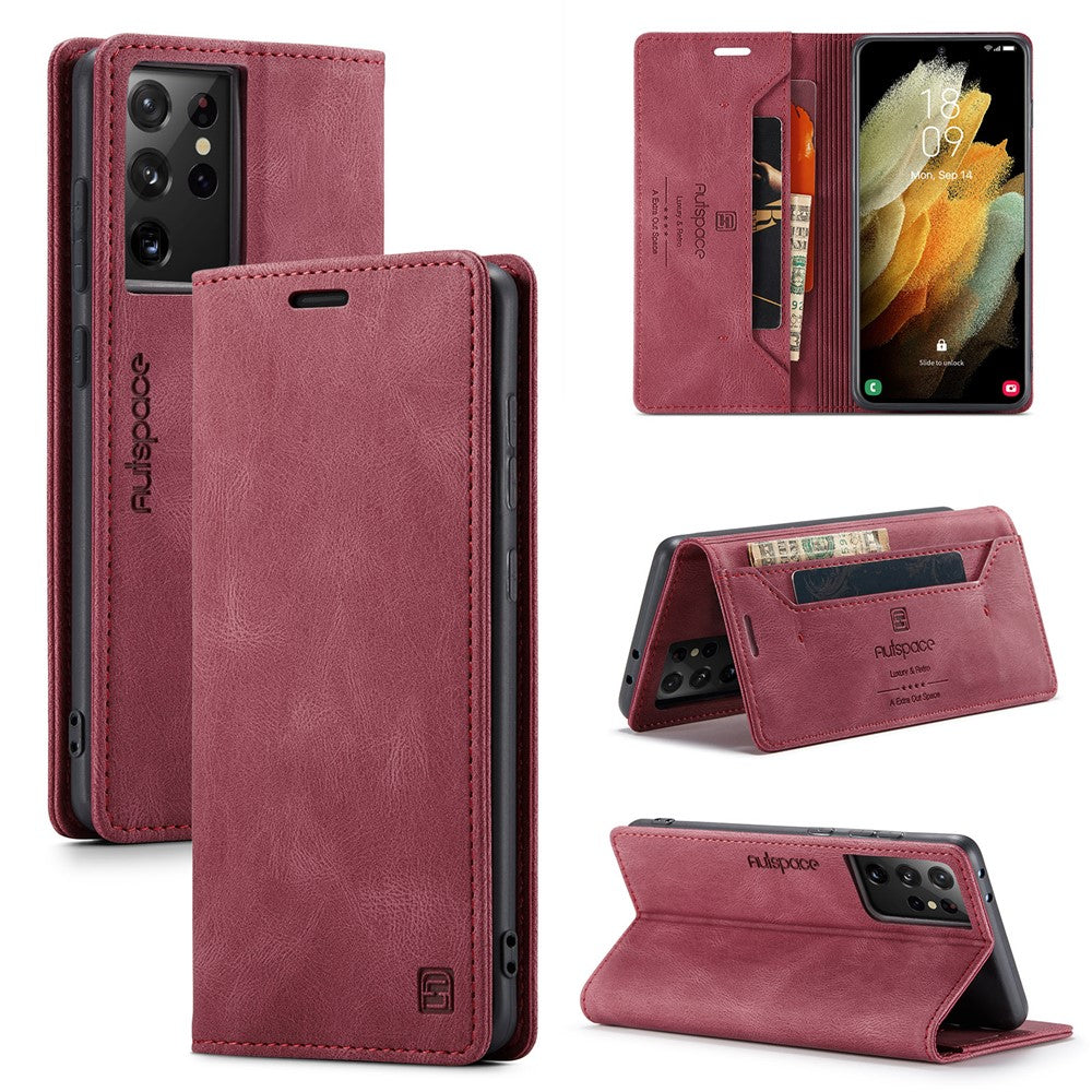 AUTSPACE A01 Series for Samsung Galaxy S21 Ultra 5G Leather Case Wallet RFID Blocking Cover